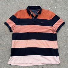 Y2K Faded Tommy Hilfiger Striped Polo Shirt Navy Orange Peach Large