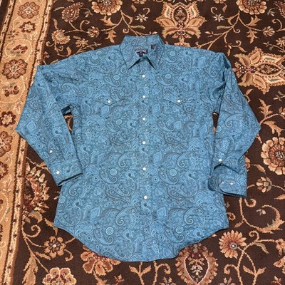 Panhandle Slim Mens Medium Rock & Roll Teal Paisley Snap Button Western Shirt M 
