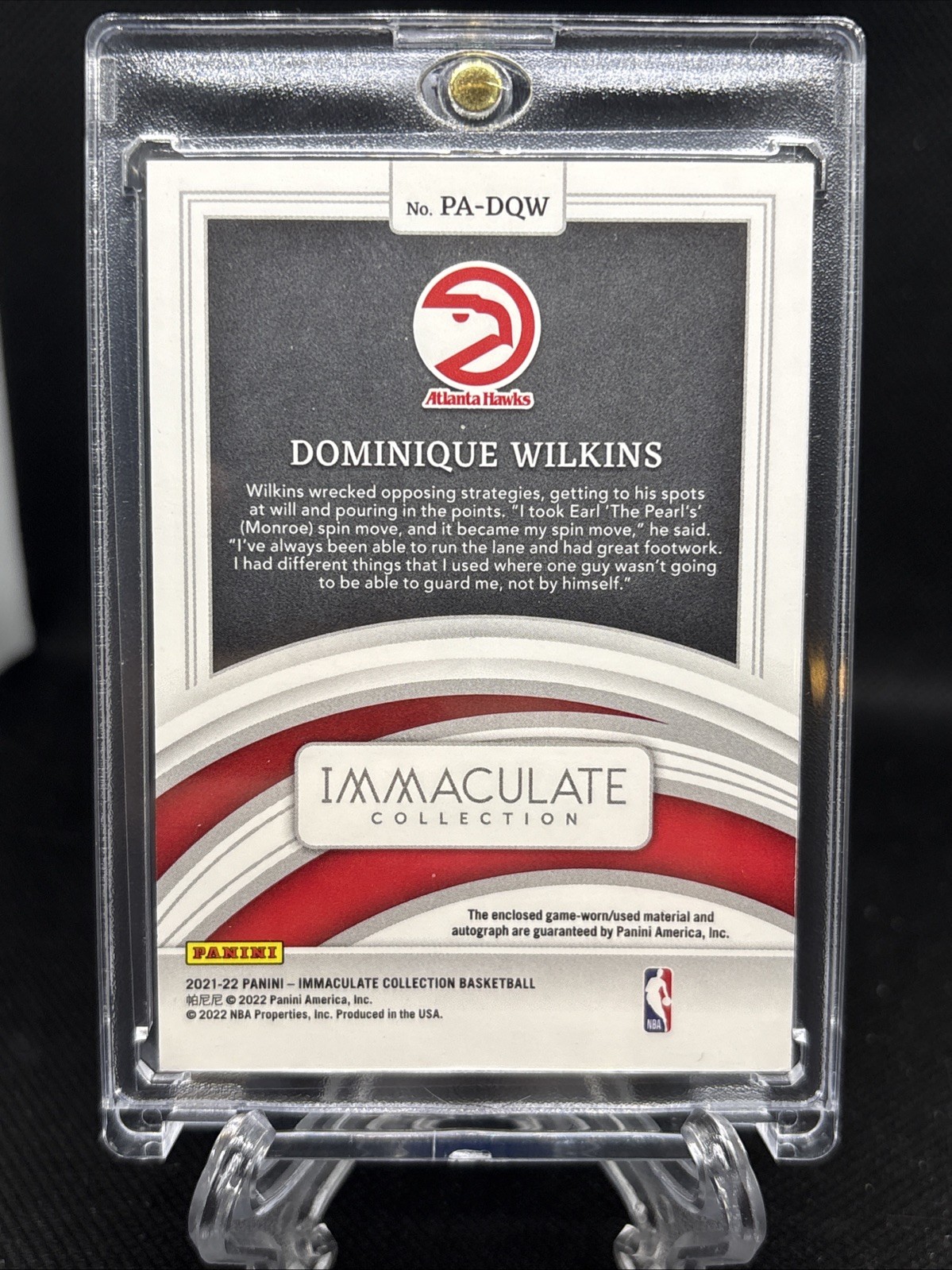 2021-22 Panini Immaculate Collection Patch Autographs Dominique Wilkins /25 Auto view 3