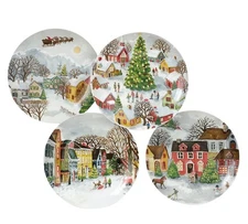 Pottery Barn 2015 Winter Village 9.25” Salad Plates Assortment Set of 4Christmas