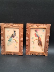 2 Vintage Mexican Folk Art Feathercraft Birds Handmade 7"×5" Real Feathers