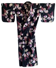 Yukata Black Floral Cotton Kimono Set Easy Ribbon Obi Summer Festival
