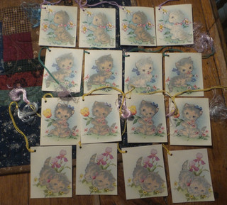 16 Vintage BRIDGE CARD TALLIES Flocked Kittens Tally
