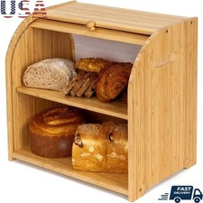 Bamboo Bread Box W/ Roll-Up Lid Adjustable Shelf Natural Storage Solution New