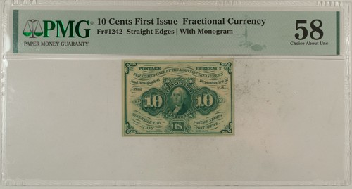 10 CENTS 1ST ISSUE FRACTIONAL CURRENCY FR#1242, STRAIGHT EDGES - PMG CH/AU-58!