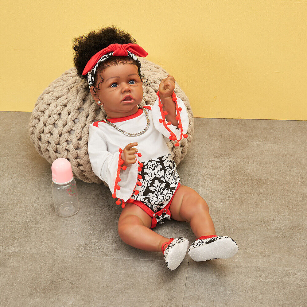 22'' Reborn Baby Girl Doll Full Body Vinyl Silicone African American Black  Bath