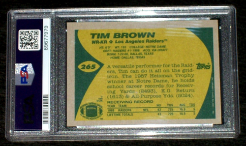1989 Tim Brown rookie #265 Topps PSA 10 Los Angeles Raiders - Foto 2 di 3