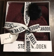 Womens Steve Madden Hat & Scarf Set Black / Burgundy Red Plaid One Size NEW