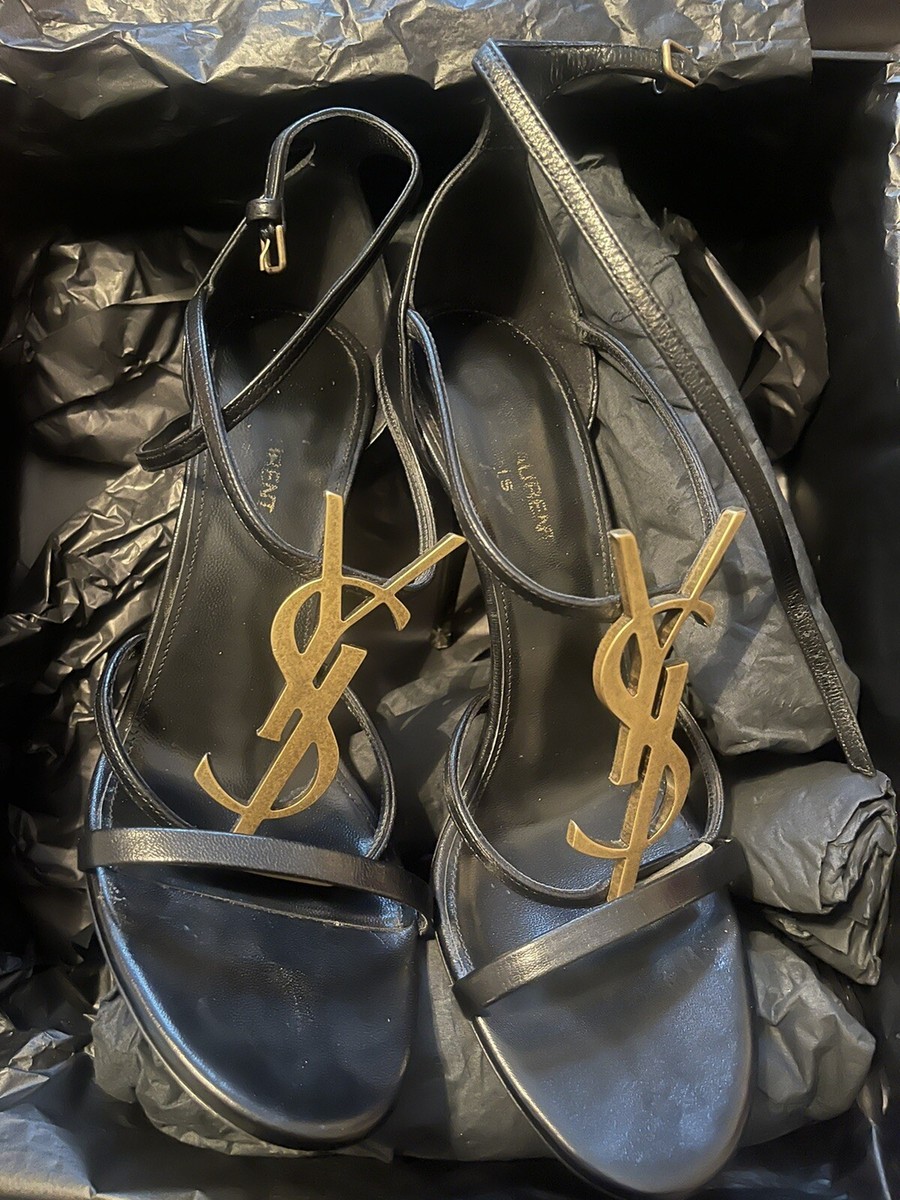 Saint Laurent YSL Heels 39 Front Emblem Black Gold Round Toe Saint Laurent YSL Heels 39 Front Emblem Black Gold Round Toe