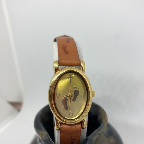 Footprints in the Sand Watch Brown Leather Strap Gold Tone Bezel ...