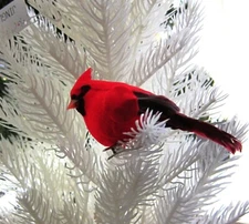 Mini 17.5" Faux Pine White Christmas Tree with Red Cardinal in White Velvet Pot