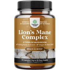 Advanced Lion's Mane Mushroom Supplement Capsules with 5X Fruiting Body Mushroom
