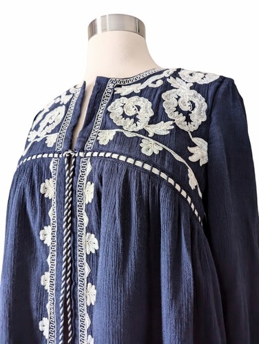 LUCKY BRAND Top Cardigan Blue White Embroidery Open Front Tassel Boho SMALL - Picture 6 of 8
