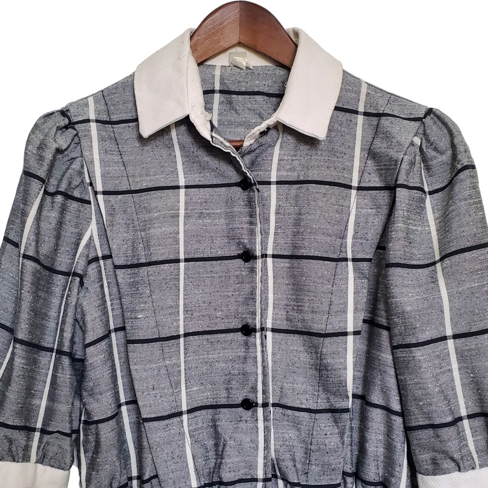 Винтажный 60-х 70-х клетку пеплум верхний размер M серый белый стильный шик гранж женщин - Изображение 3 из 4