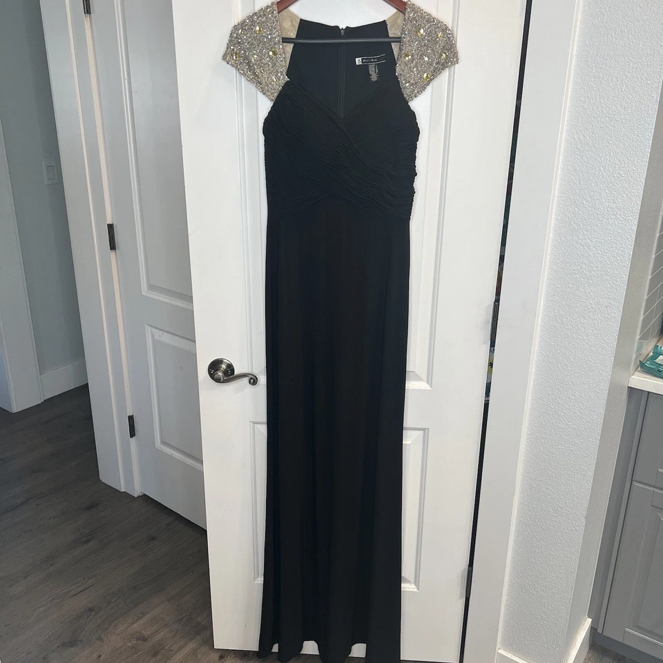 Vtg Womans Dress S 4 Y2K 90s Goth Sweetheart Jersey Ruched Beaded Cap Gown Mob - Image 2 of 4