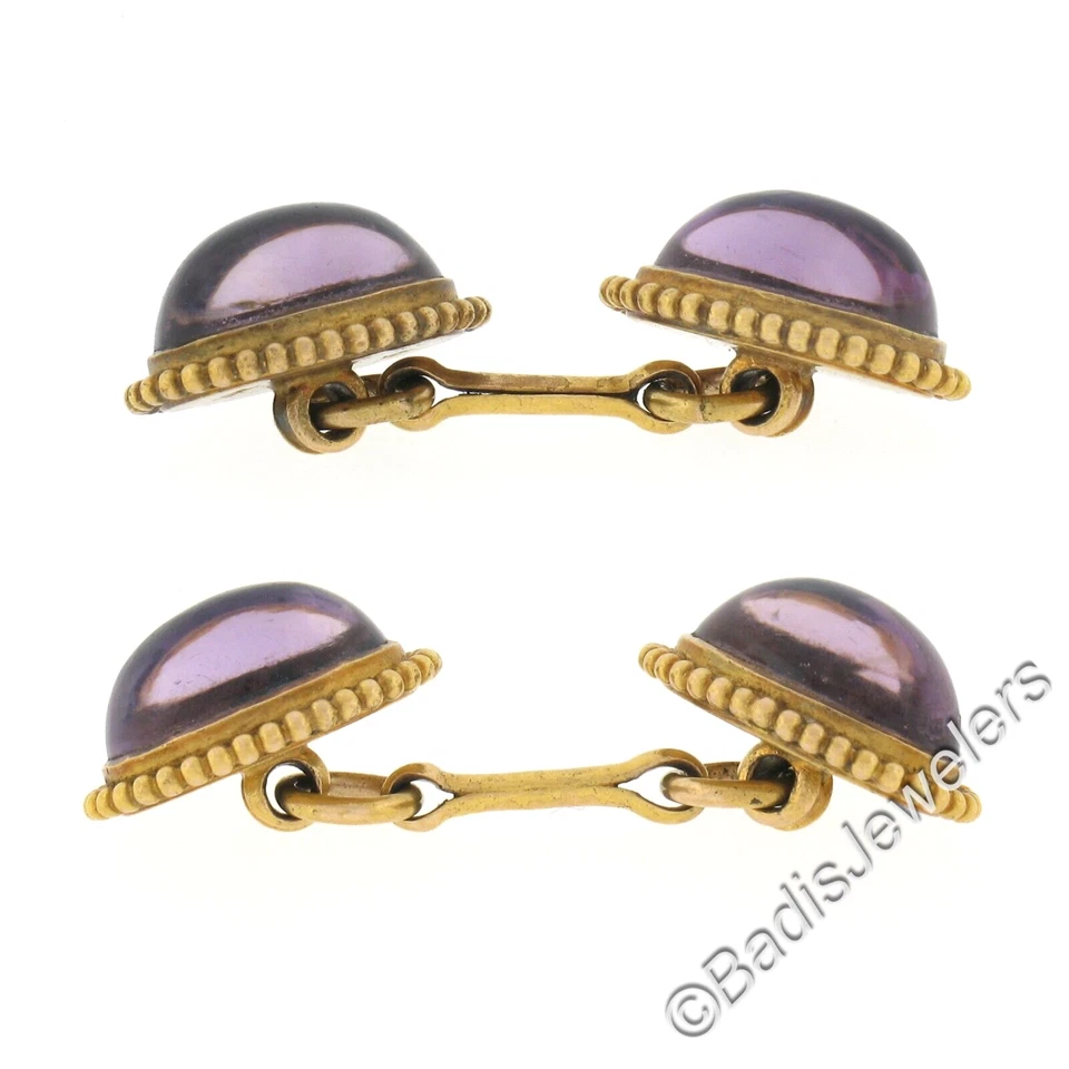 Gemelos antiguos de oro de 14 quilates con bisel de cabujón ovalado con marco de cuentas de bola de amatista para hombre Foto 4 de 4