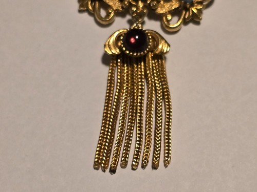 Vintage Signed Florenza Renaissance Goldtone Tassel Brooch Pin Red & Teal Stones - Picture 3 of 8
