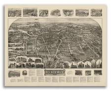 1911 Westerly, RI Vintage Old Panoramic City Map - 20x24