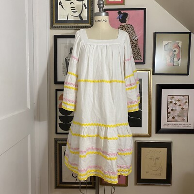 Lisa Marie Fernandez x target white linen dress w/ pink yellow scalloped  trim sz