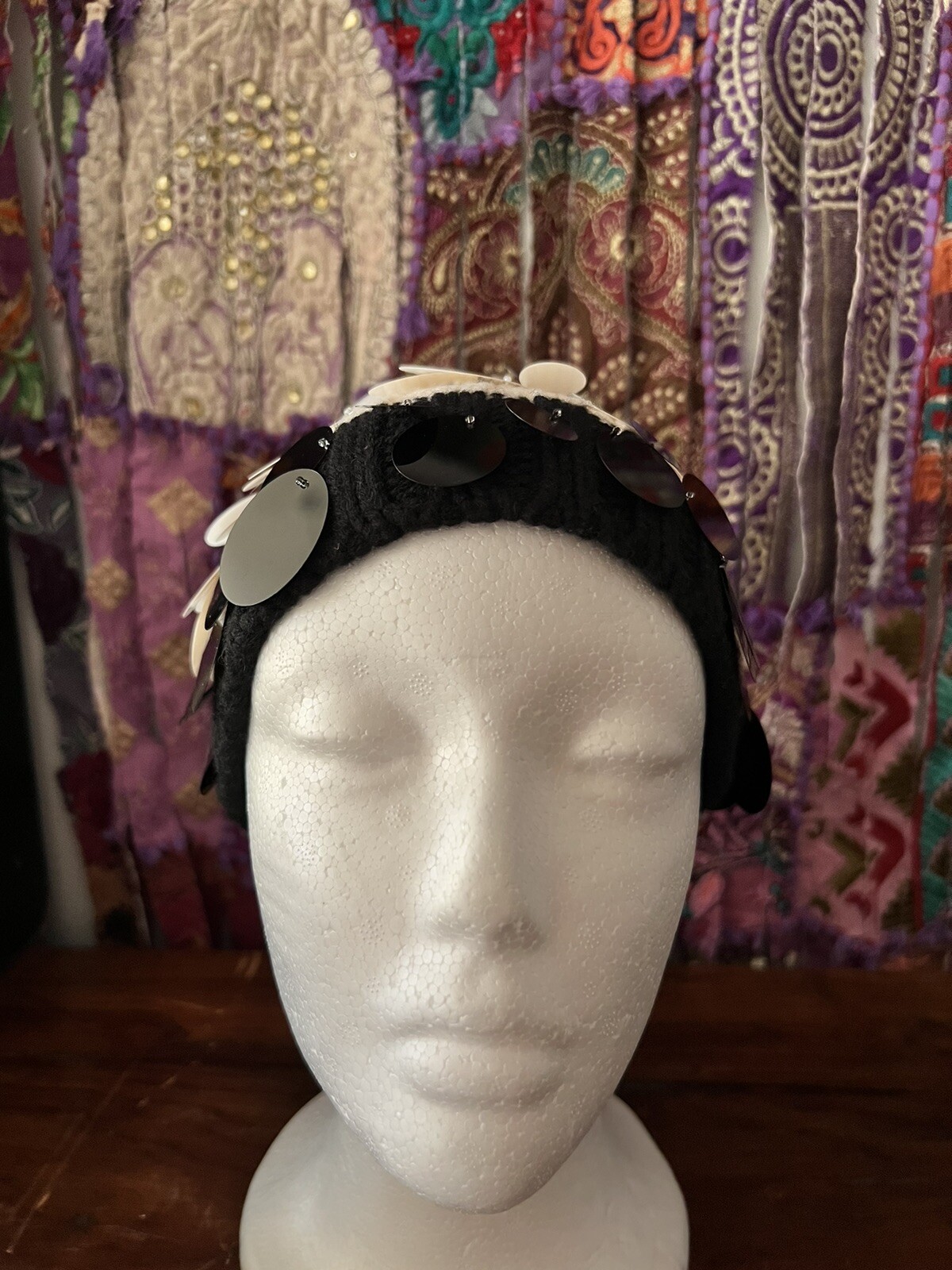 Authentic 640 Prada Women's Black S Striped Sequin Knit Skull Cap Hat