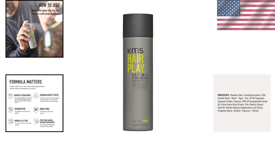 KMS Hairplay 4,1 OZ Sujeción Flexible Texturizante Cera Seca Spray para el Cabello - Todo Tipo de Cabello Foto 2 de 4