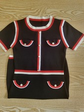 Black Knitted Dress With Pearl Buttons And Red Trim Size 10 Brand New