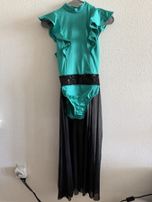 Weissman Green Dance Leotard Dress w/ Black Mesh Skirt Sequin Adult small