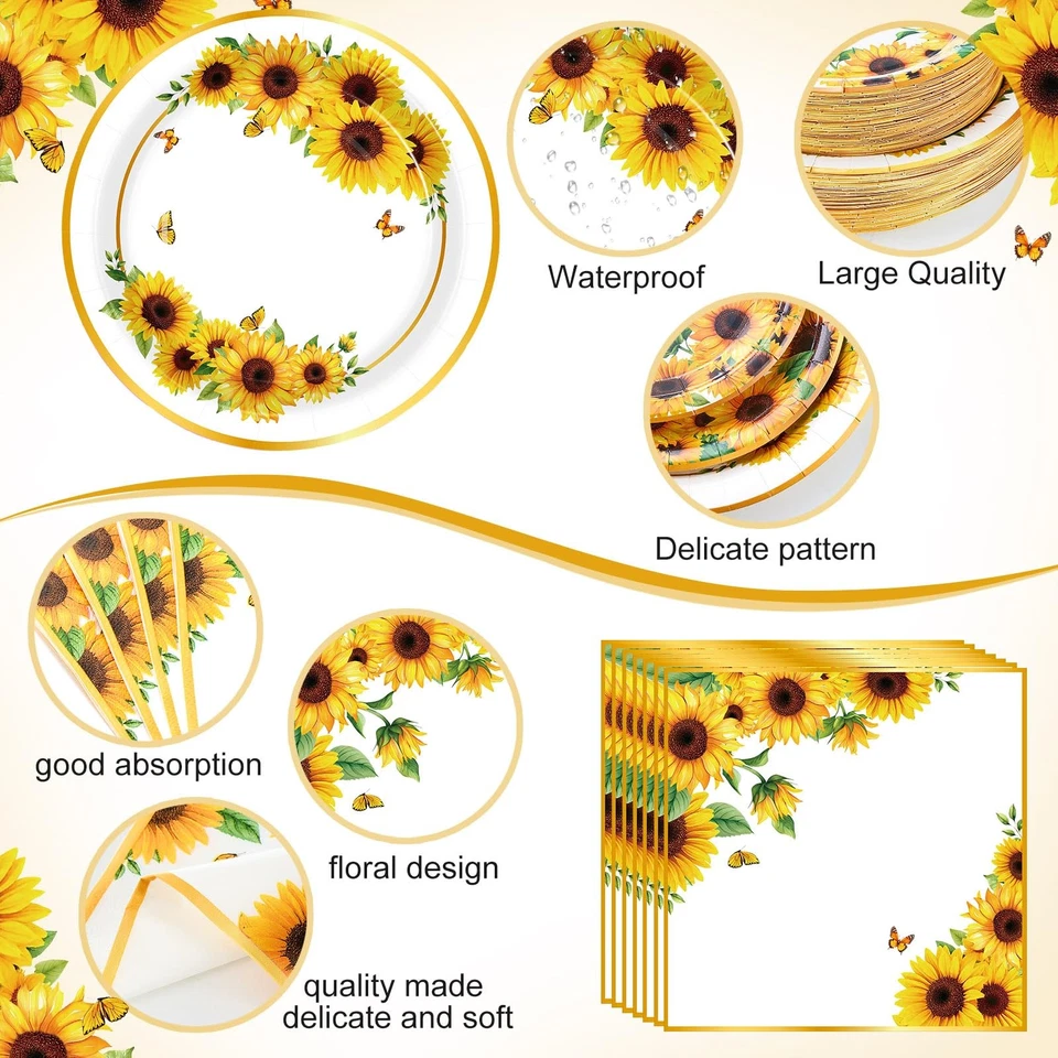 400 piezas suministros de fiesta de girasol para 50 invitados platos desechables servilletas tazas... Foto 3 de 4