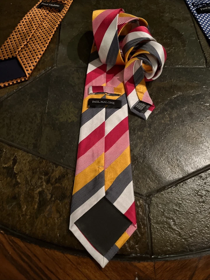 Juego de 4 corbatas vibrantes Paul Malone usadas en excelente estado, 100 % seda, 2 listas hechas a mano Foto 4 de 4