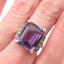 925 Sterling Silver Vintage Real Amethyst  Marcasite Oxidized Ring Size 6.75