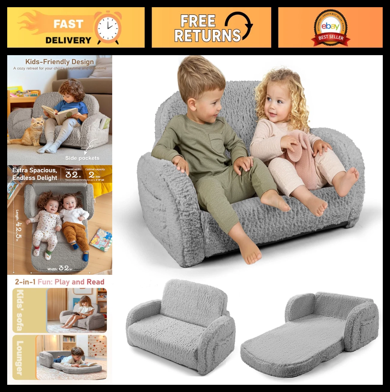 2-in-1 Sherpa Kids Couch & Lounger, Extra Wide Foldable Toddler Sofa Bed, Comfy