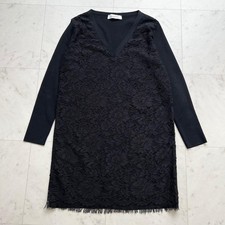 Valentino Flower Lace Knit V-Neck Dress Black XS
