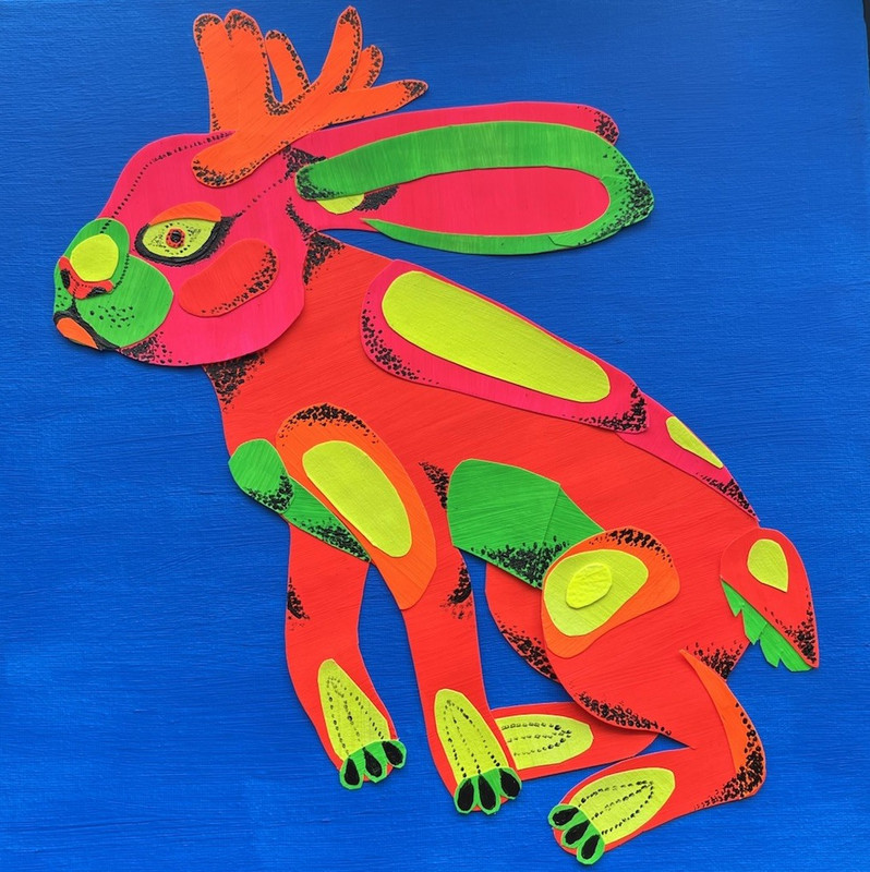 Titled “Jackalope Days” collage acrylic painting, 12x12in