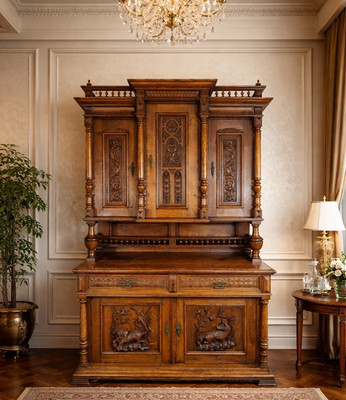 Antiker Jagdschrank Eiche Gründerzeit Buffet ca. 1880 massiv geschnitzt 233 cm