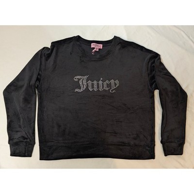 Juicy Couture Black Velour Long Sleeve Bedazzled Rhinestone Top Y2K