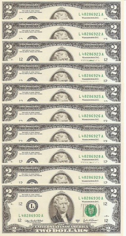 FRN 2003A $2 – L/A – Uncirculated Bundle 10pcs