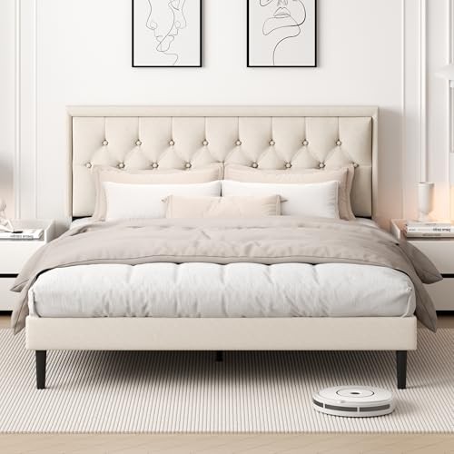 Size Platform Bed Frame with Upholstered Velvet Button Tufted King Beige - Picture 5 of 7