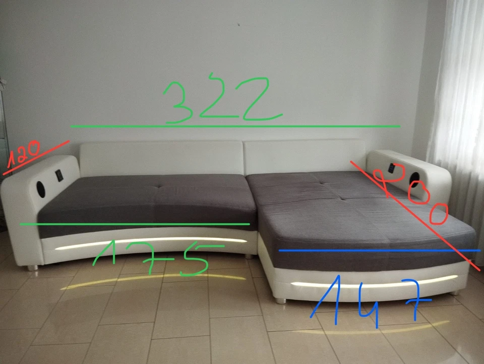 Ecksofa weiß/grau mit LED Beleuchtung und Soundsystem - Bild 2 von 4