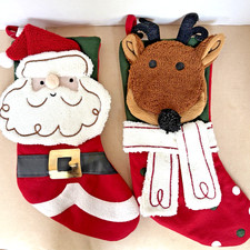 New Set of 2 Christmas Stockings 18" Santa  Reindeer Padded Satiny Lining