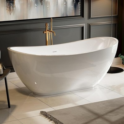 59 inch Acrylic Durable Deep Bathtub Glossy White Finish Freestanding Bathtub