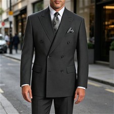 Men's Suit Gray Double-Breasted Peak Lapel Blazer Pants Set Business Groom Guest