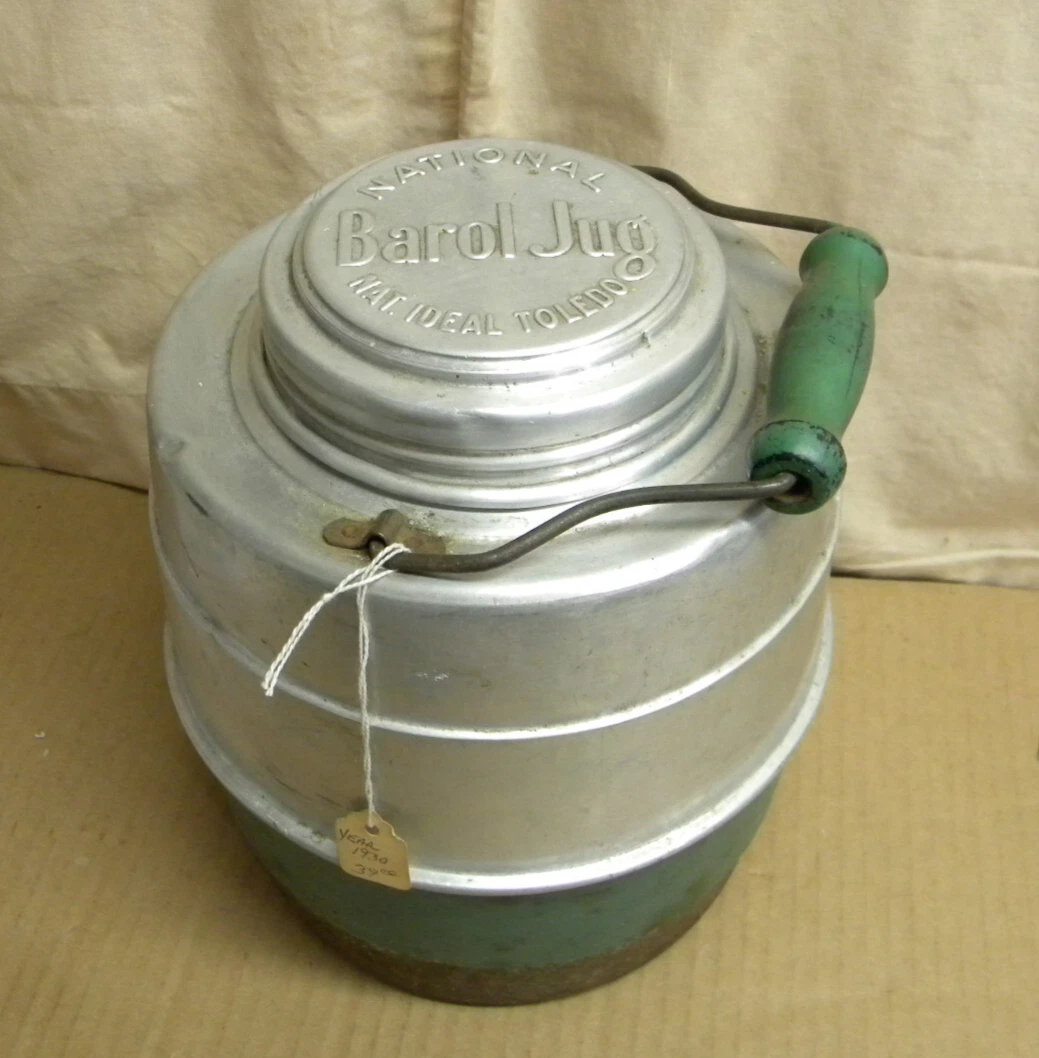 Vintage Barol Jug GREEN Metal Water Jug Porcelain Lined 1 GAL Wood Handle Retro
