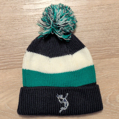 District Striped Knit Acrylic Pom Beanie Hat Embroidered Tennis Navy/Green/White