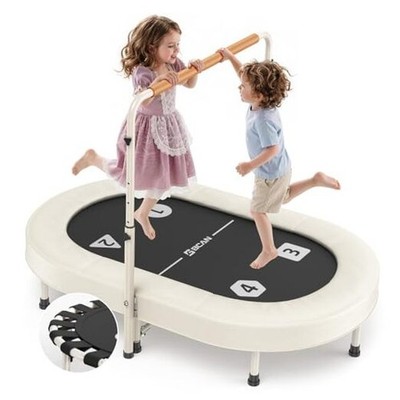 56IN 2-Person Kids Trampoline, Safe-Elastic Band Foldable Frame White