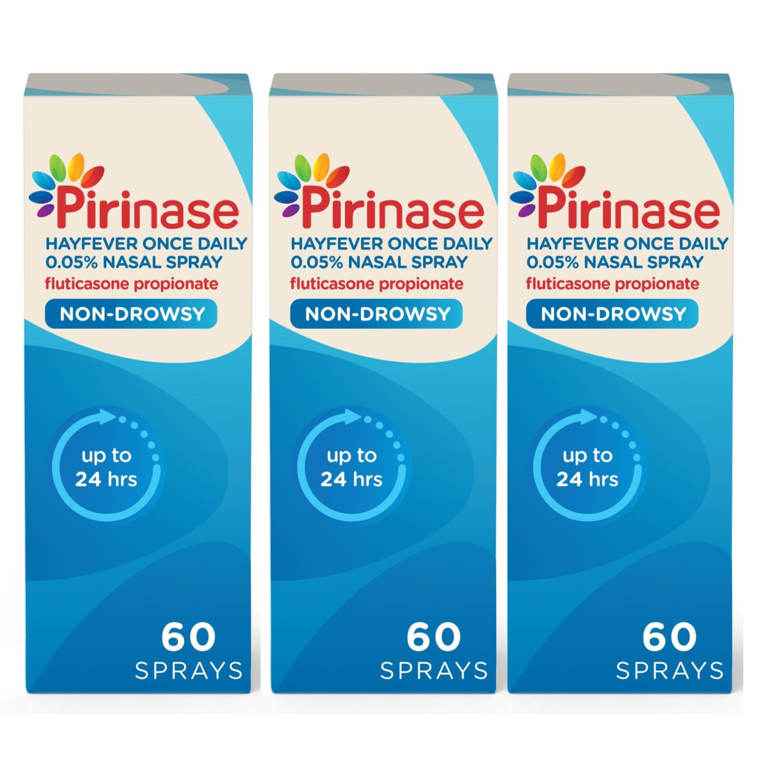 3x Pirinase Nasal Hayfever Relief Adults 24H Relief Non Drowsy 60