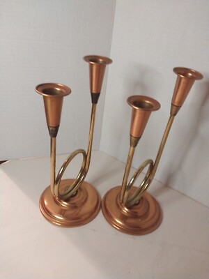 2 Copper and Brass Double Candle Holders Coppercraft Guild