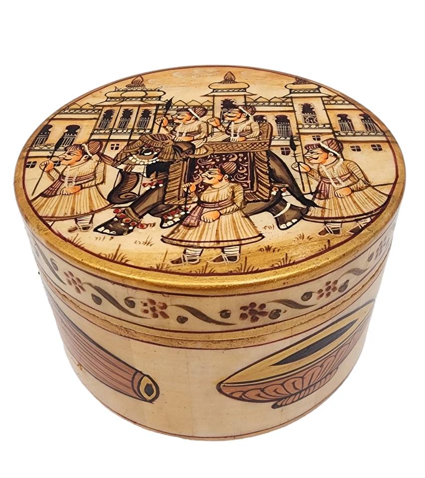 Antigua caja de pintura en miniatura mogol persa pintada a mano tallada vintage Foto 3 de 4