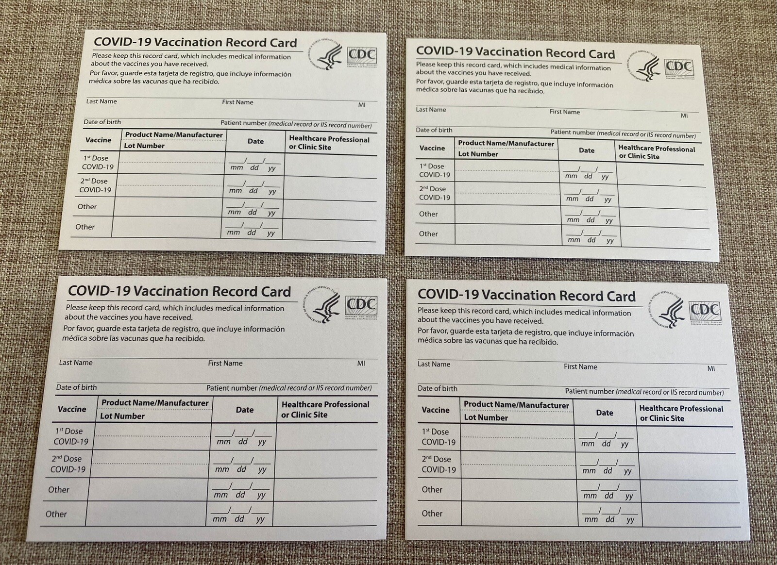 (4) Cdc Covid-19 Vaccination Blank Card Collector Use Only Free Shipping