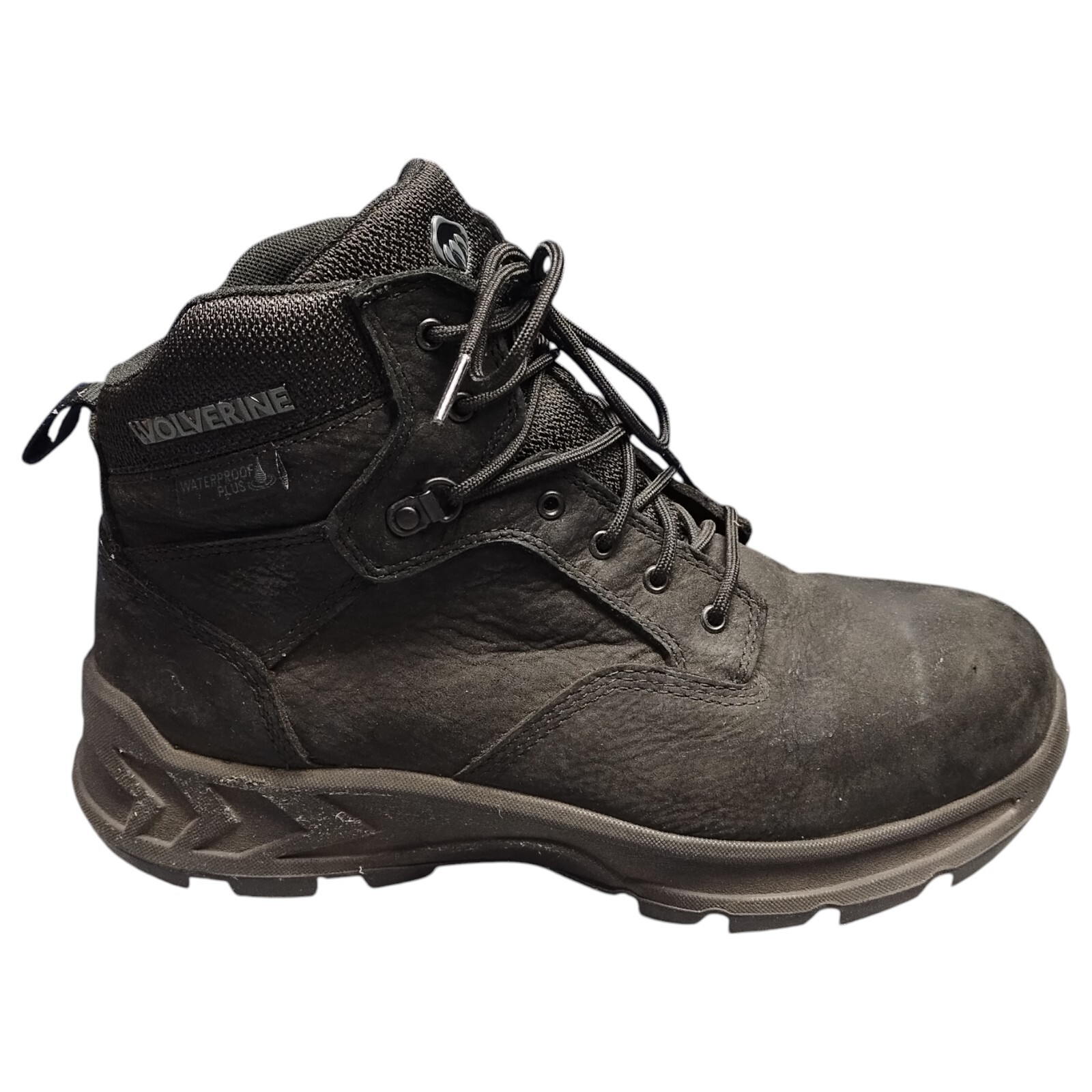Wolverine Men's 9.5 Black Leather Waterproof Work Boots with Round Toe and Logo Lace-Up