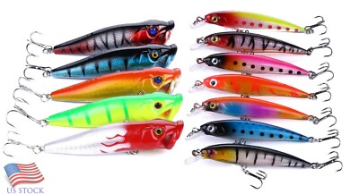 New 12 Fishing Lures Combo Top Water Poppers and  Deep Water Wobblers, Bass